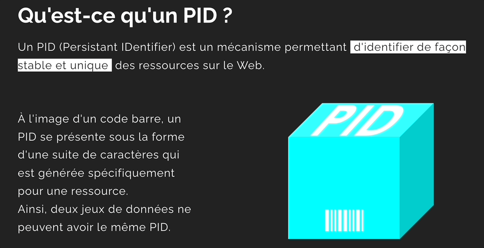 Animation GIF faisant le parallèle entre l'attribution d'un DOI et l'estampillage d'un code barre sur des produits.