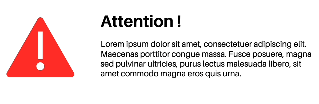 Animation d'une icône "attention" qui s'agrandit et rétrécie, avec un texte fictif à côté.