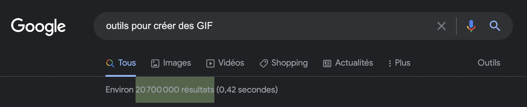 Capture d'écran d'une page Google avec pour requête "outils pour créer des GIF". Nombre de résultats trouvés : 207000000.