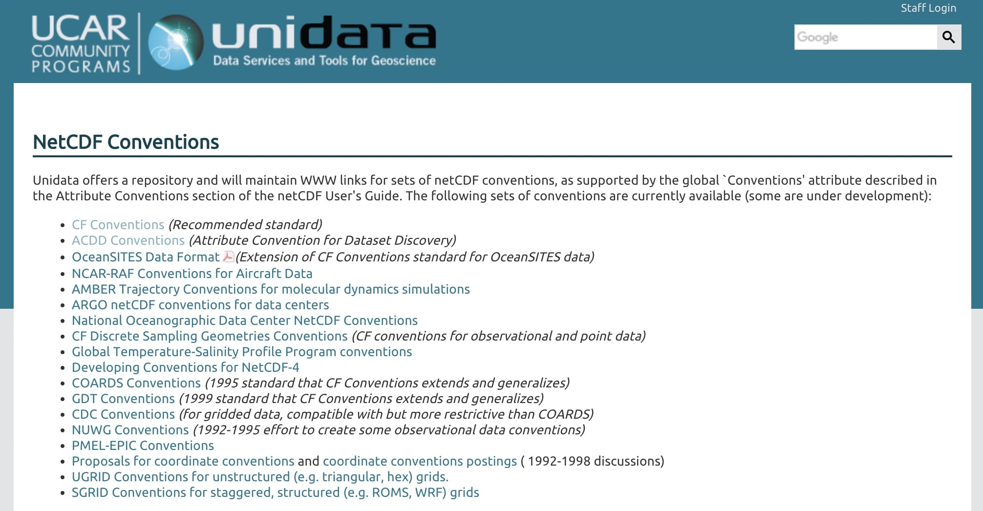 Liste des conventions netCDF du site Unidata