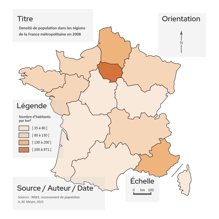 Éléments basiques que l'on retrouvent sur une carte : titre, orientation, légende, échelle, source, auteur, date.