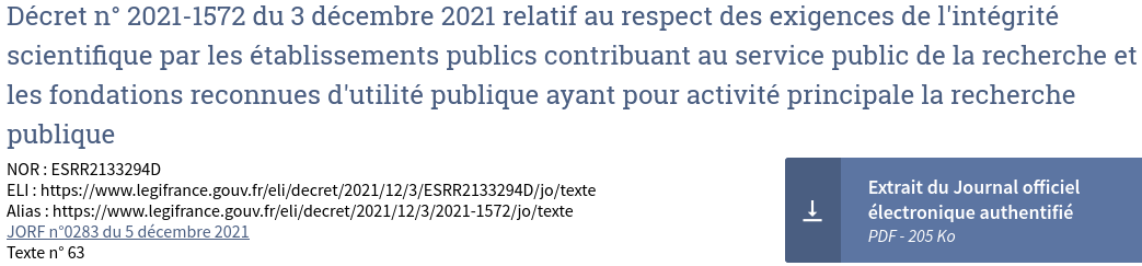 Capture d'écran du décret n° 2021-1572 relatif au respect des exigences de l'intégrité scientifique.