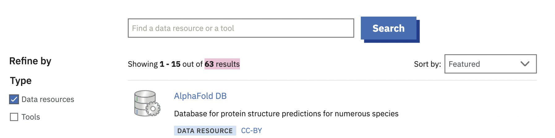 Page de résultat de l'EBI affichant 63 résultats avec le filtre "data ressources"