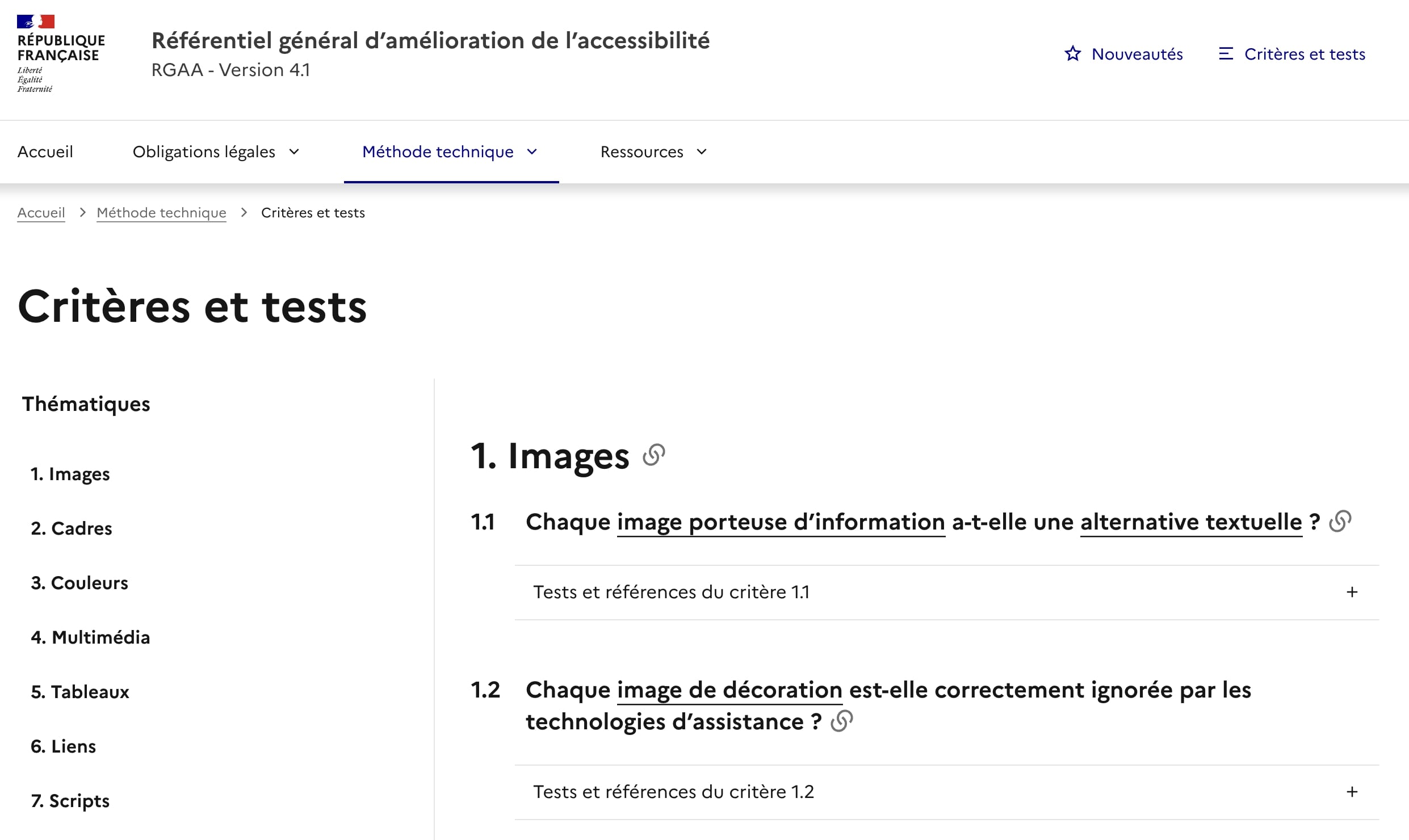 Capture d'écran des critères du RGAA