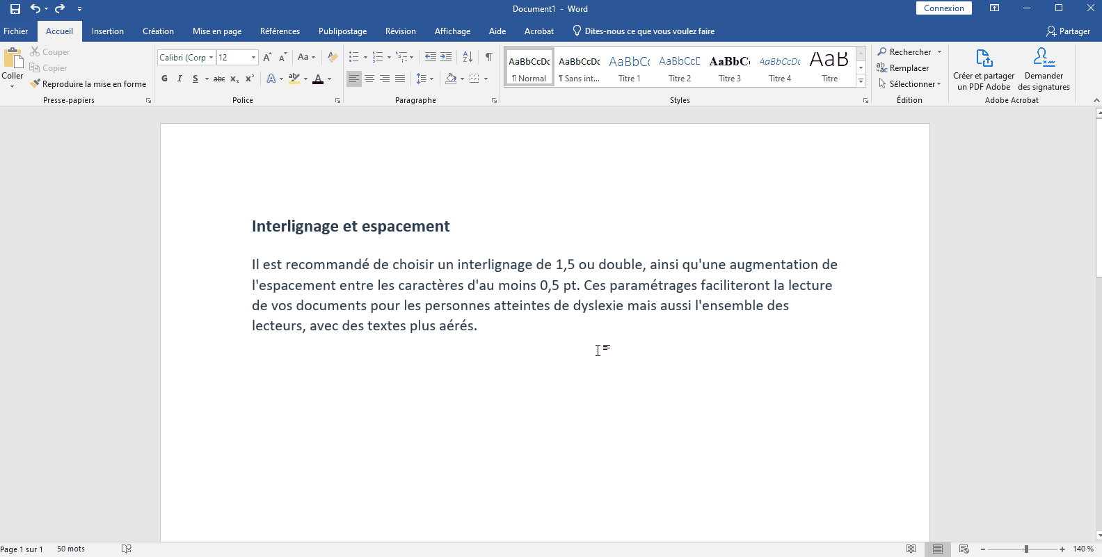 Procédure de modification de l'interlignage et de l'espacement sur Word