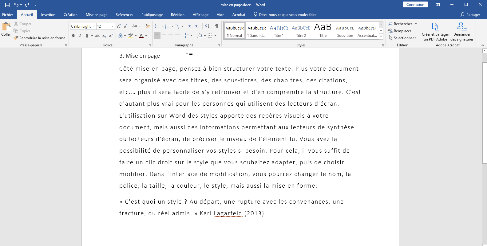 Procédure de modification de mise en page et de modifications des styles sur Word