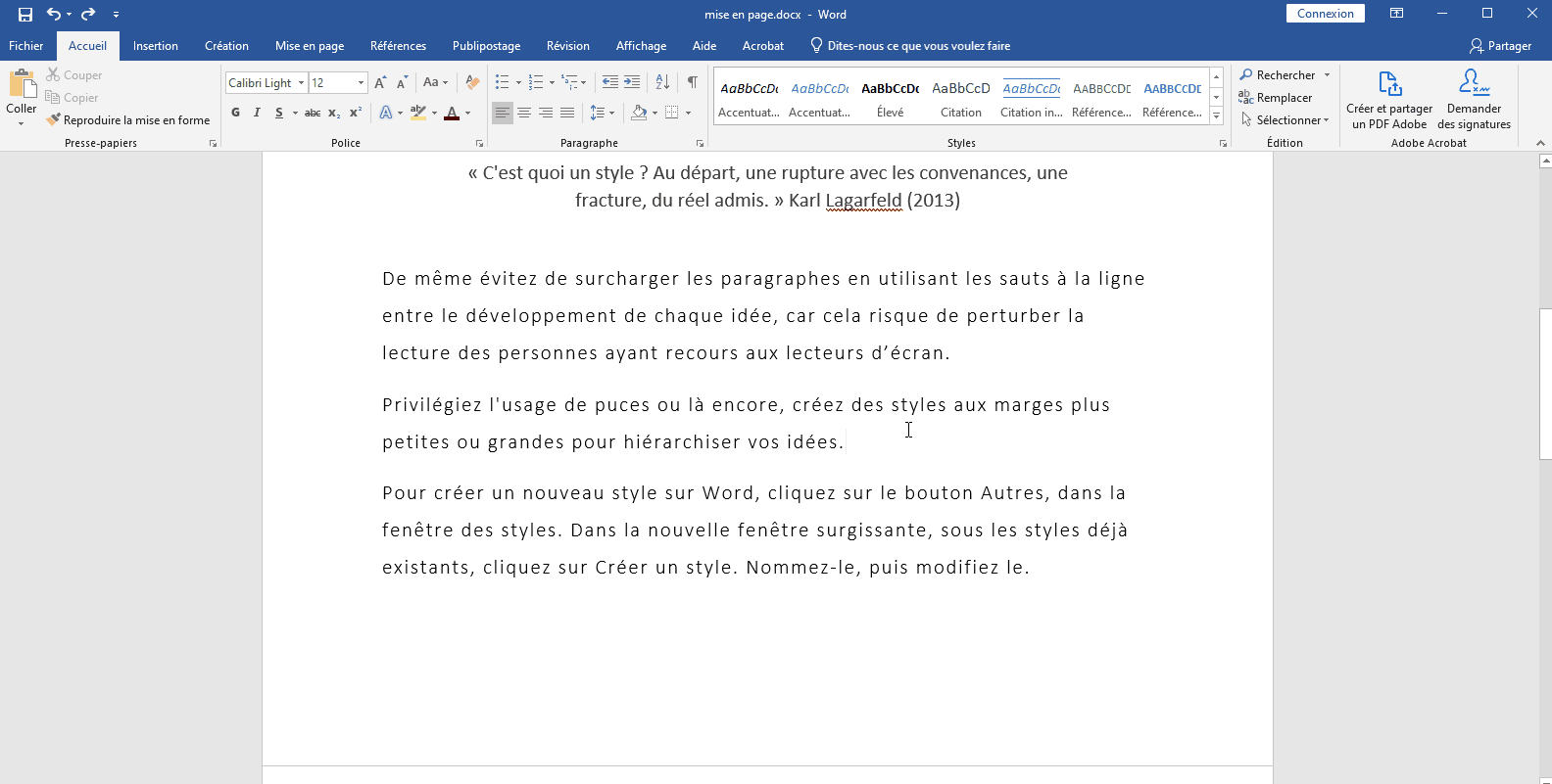 Procédure de modification de mise en page et de modifications des styles sur Word