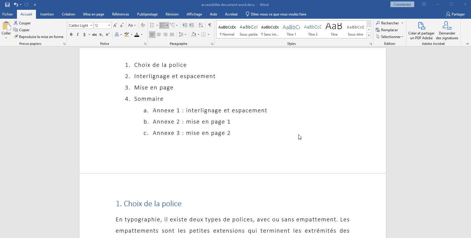 Procédure de création du sommaire sur Word