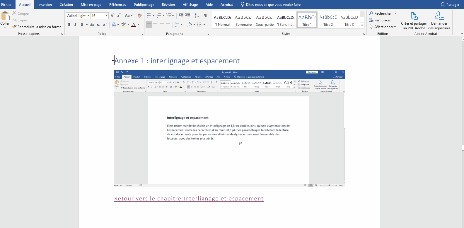 Procédure de modification de l'orientation des pages annexes sur Word