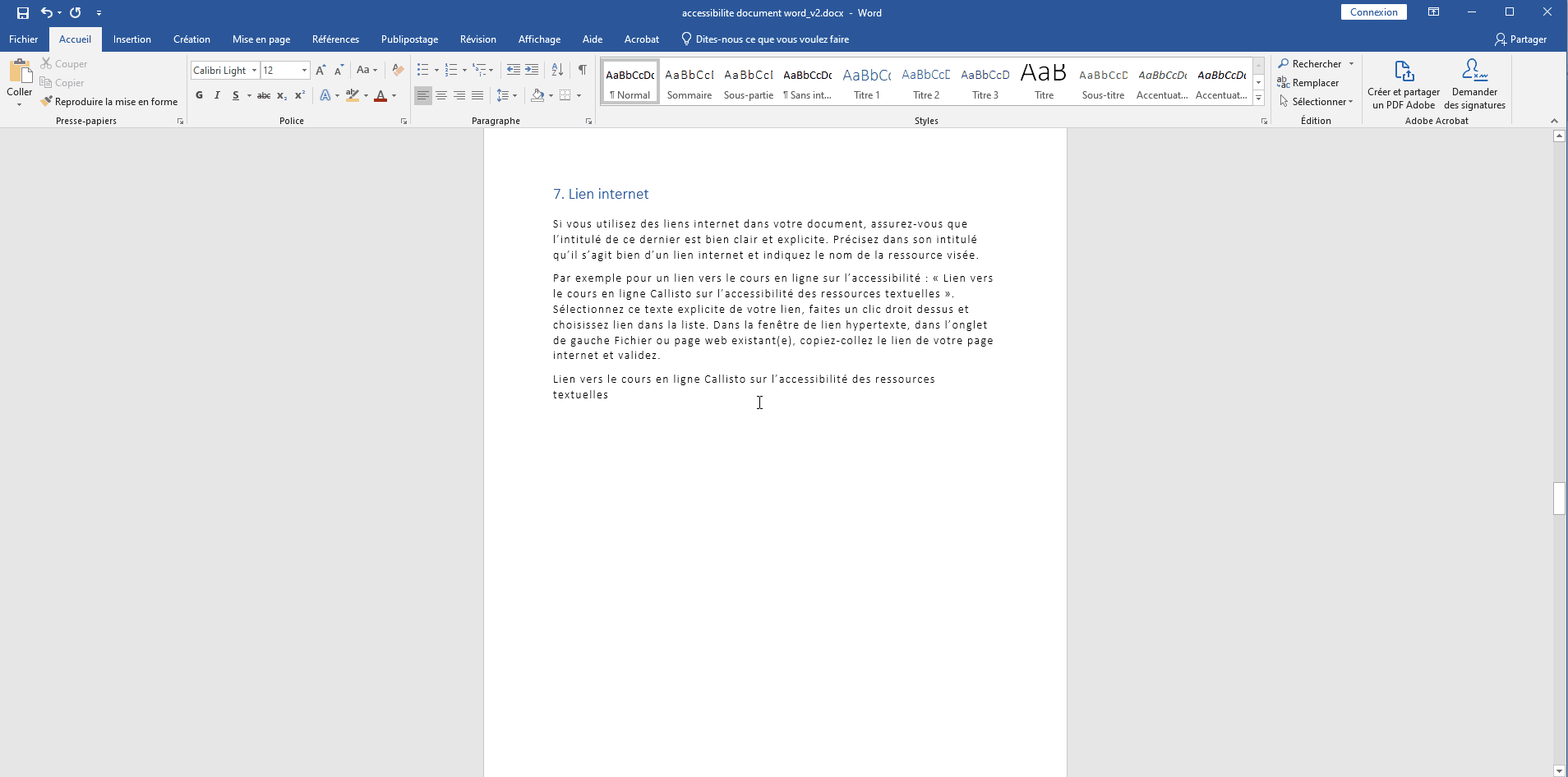 Procédure de création d'un lien internet sur Word