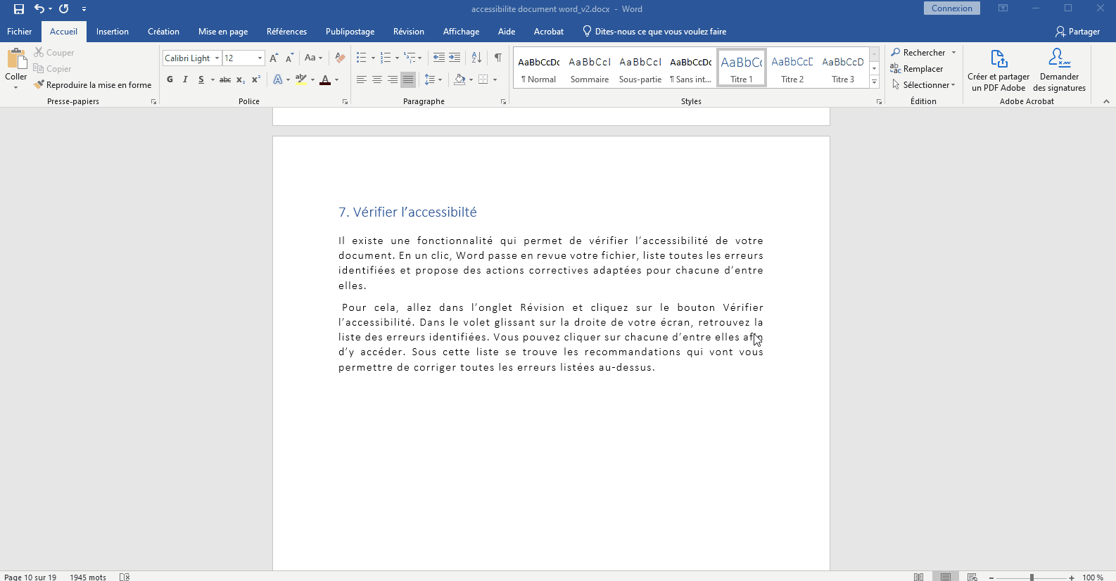Procédure de vérification de l’accessibilité sur Word