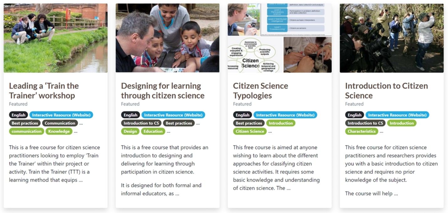 Capture d'écran montrant quatre formations proposées sur la plateforme Citizen Science.