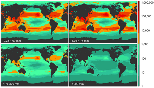 Carte montrant une information continue : la densité de microplastiques dans les mers et océans.