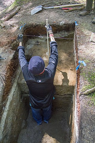Personne réalisant un quadrillage de la surface d'un site archéologique à l'aide de cordes et de piquets.