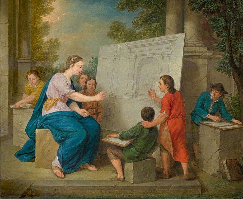 tableau représentant des personnes en train de commenter un dessin