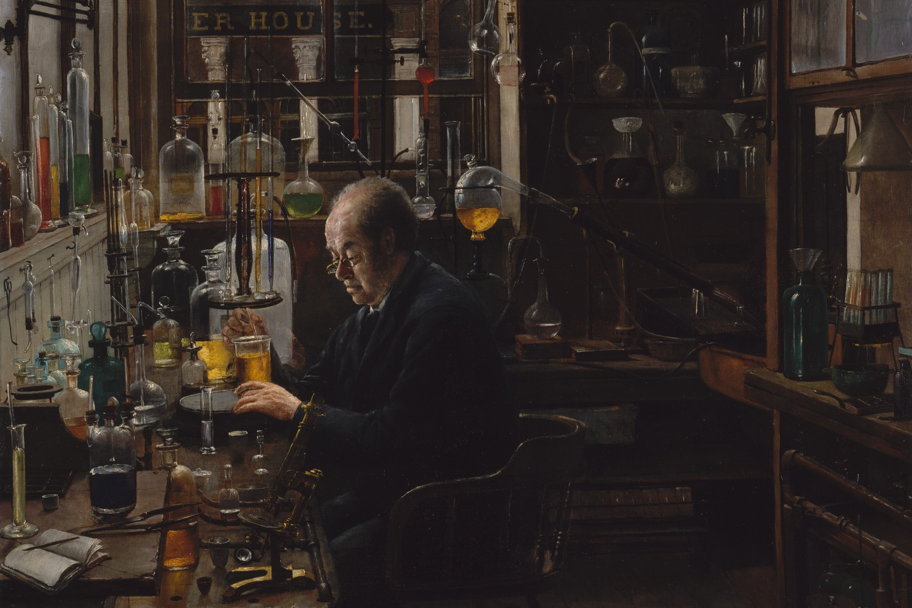 tableau représentant un scientifique dans un laboratoire de chimie