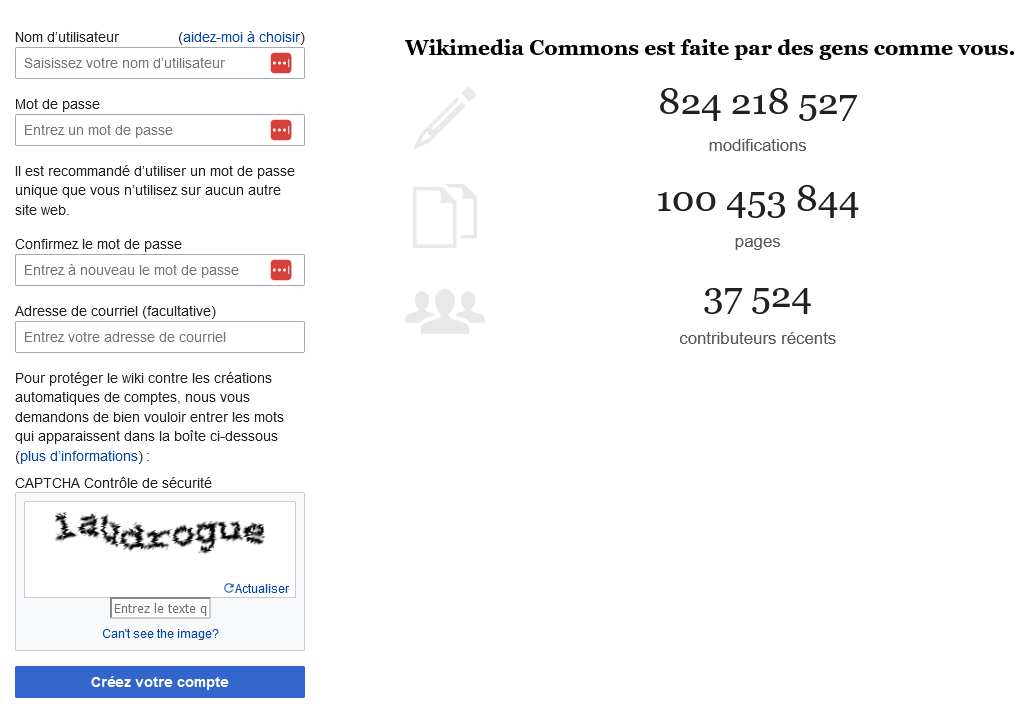 Copie d'écran du formulaire de création d'un compte utilisateur Wikimedia.