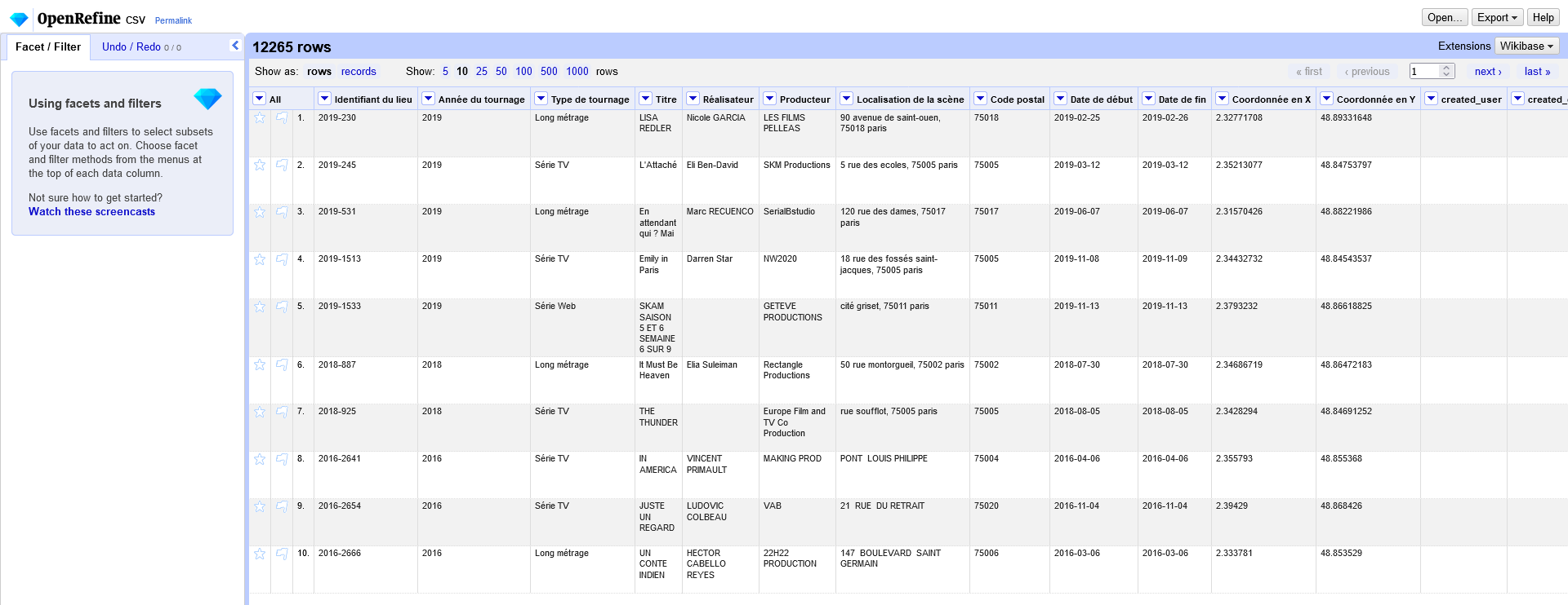 Copie d'écran de l'interface d'OpenRefine