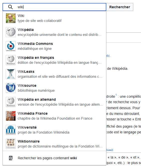 Copie d'écran des résultats pour la recherche « wiki »