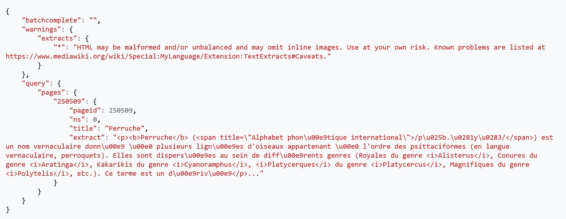 Résultat de la requête API affichant 500 caractères