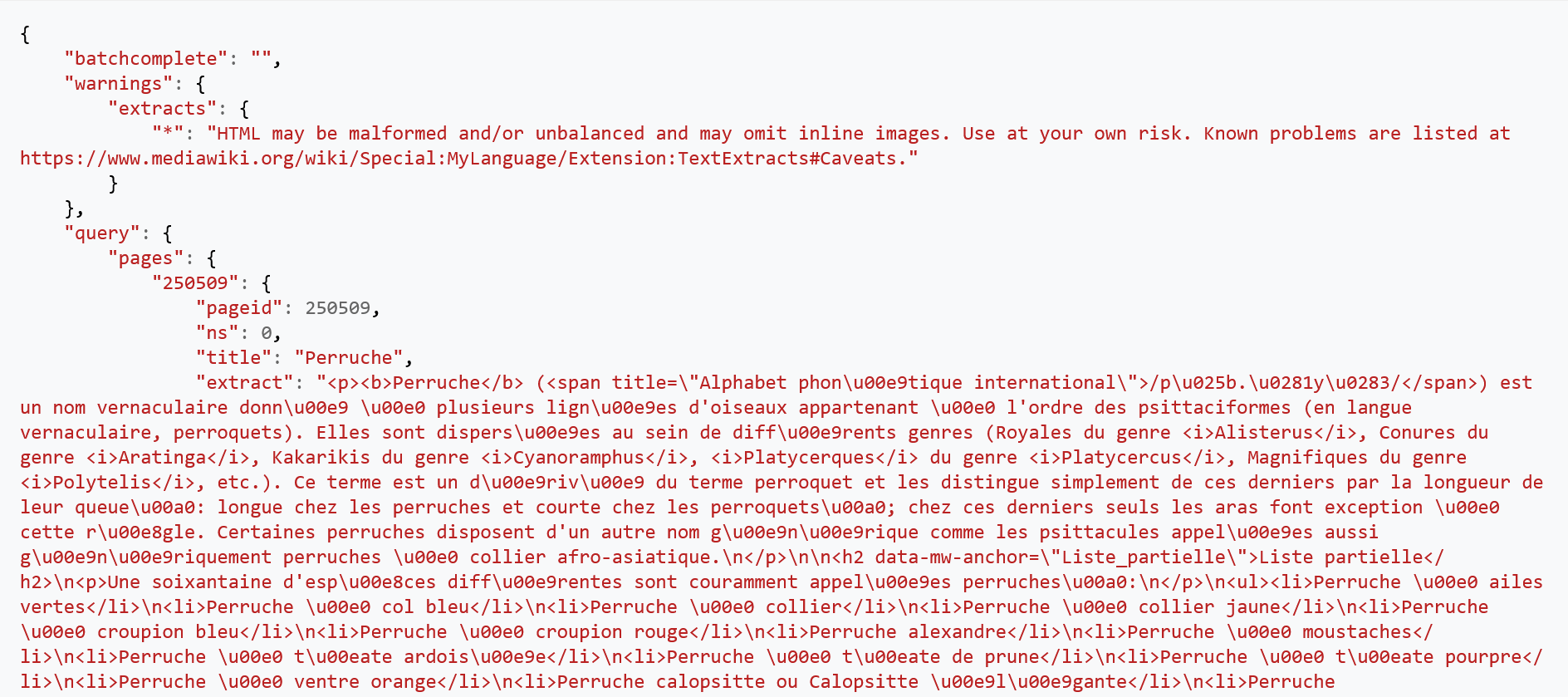 Résultat de la requête API affichant un extrait de l'article