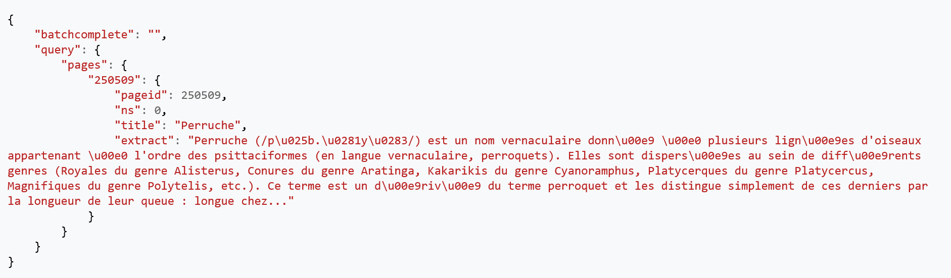 Résultat de la requête API en texte brut
