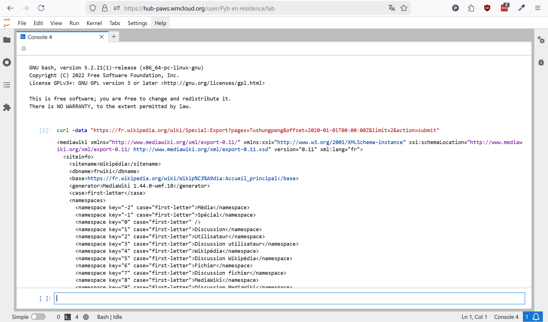 Interface Bash dans PAWS