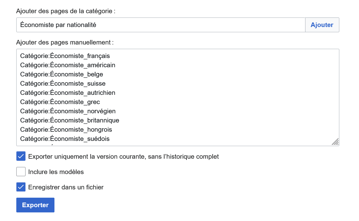 Interface de l'outil d'export des pages en XML montrant l'ajout de la liste des articles dans une catégorie.