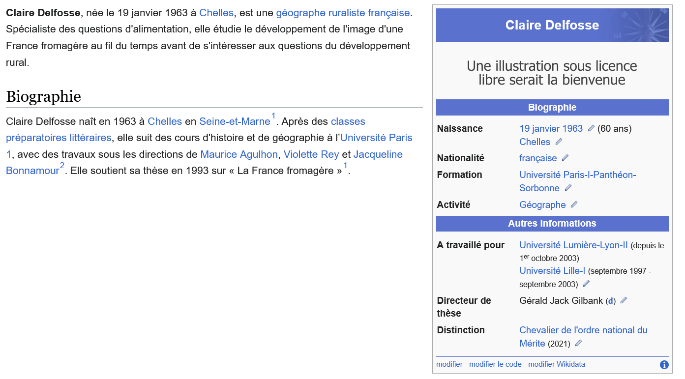Copie d'écran d'une partie de l'article sur Claire Delfosse en HTML.