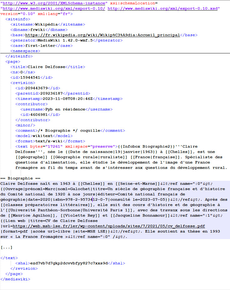Copie d'écran de l'export XML de l'article Wikipédia de Claire Delfosse