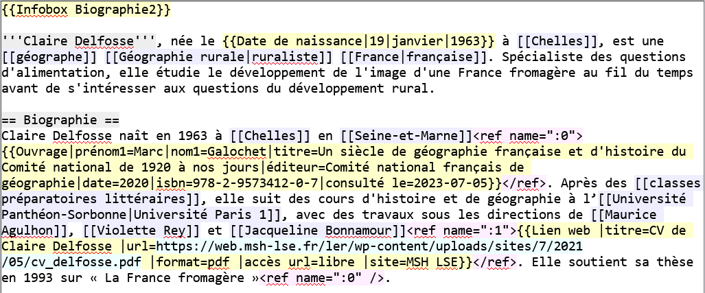 Copie d'écran de l'article Wikipédia de Claire Delfosse en wikitexte