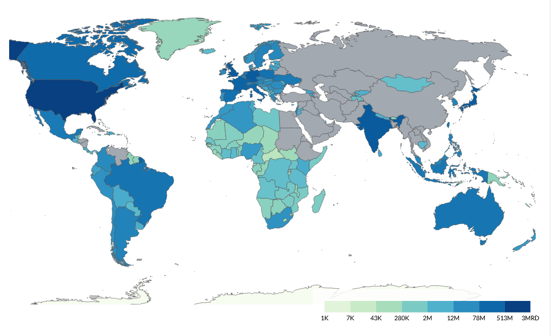 Carte des pays dont les données statistiques sont masquées par la Wikimedia Foundation