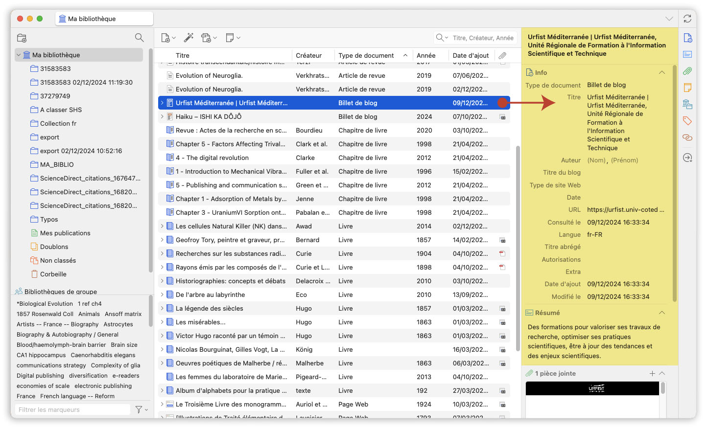 Référence Urfist dans Zotero 7