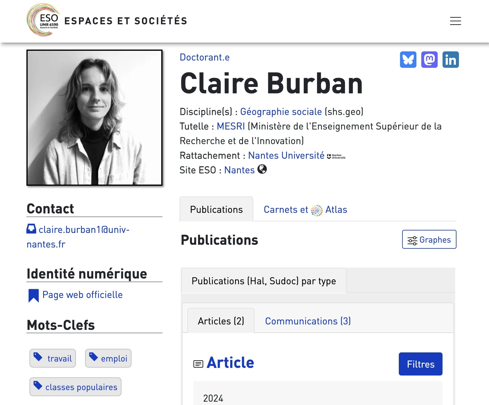Exemple de page professionnelle de Claire Burban sur le site du laboratoire Espaces et societés.