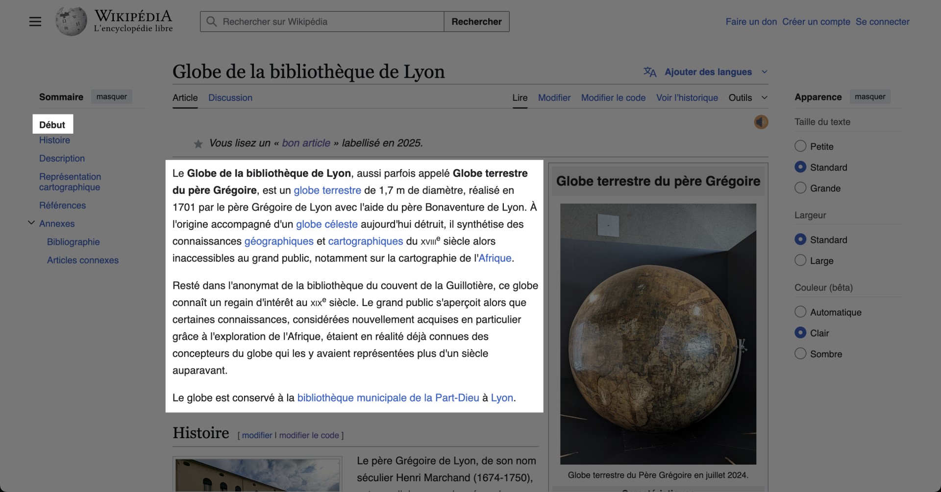 Capture d'écran du résumé de l'article Wikipédia sur le Globe de la bibliothèque de Lyon.