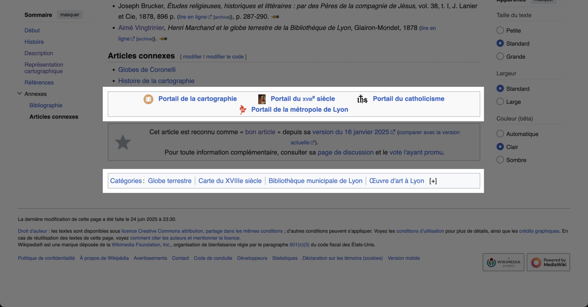Capture d'écran du portail et des catégories de l'article Wikipédia sur le Globe de la bibliothèque de Lyon.