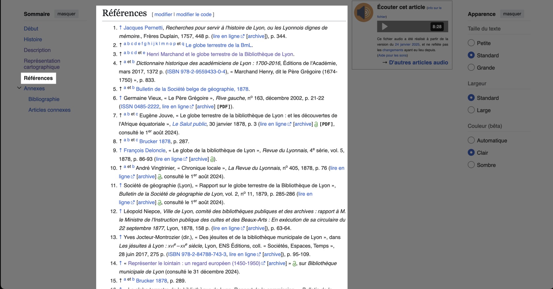 Capture d'écran des références de l'article Wikipédia sur le Globe de la bibliothèque de Lyon.